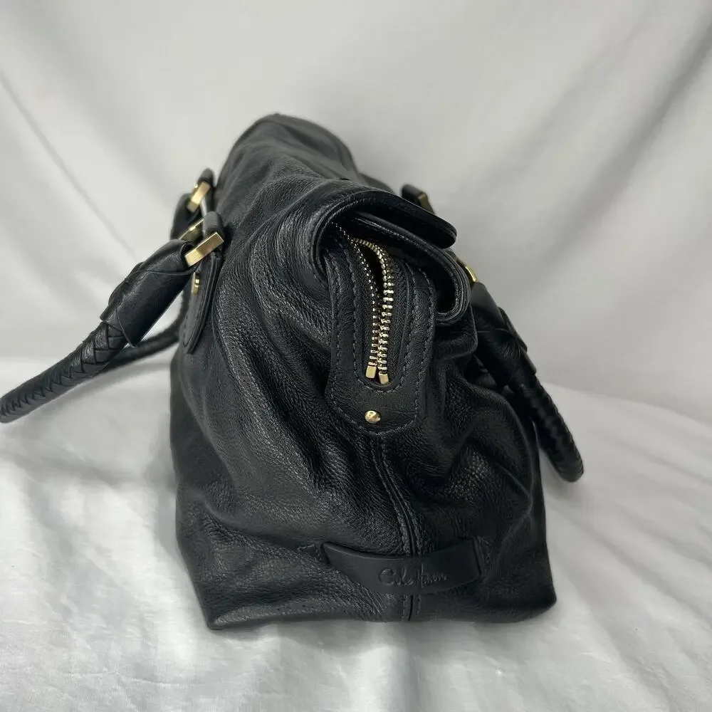 Cole Haan Black Pebbled Leather Shoulder Bag Braided Handles Magnetic Closure